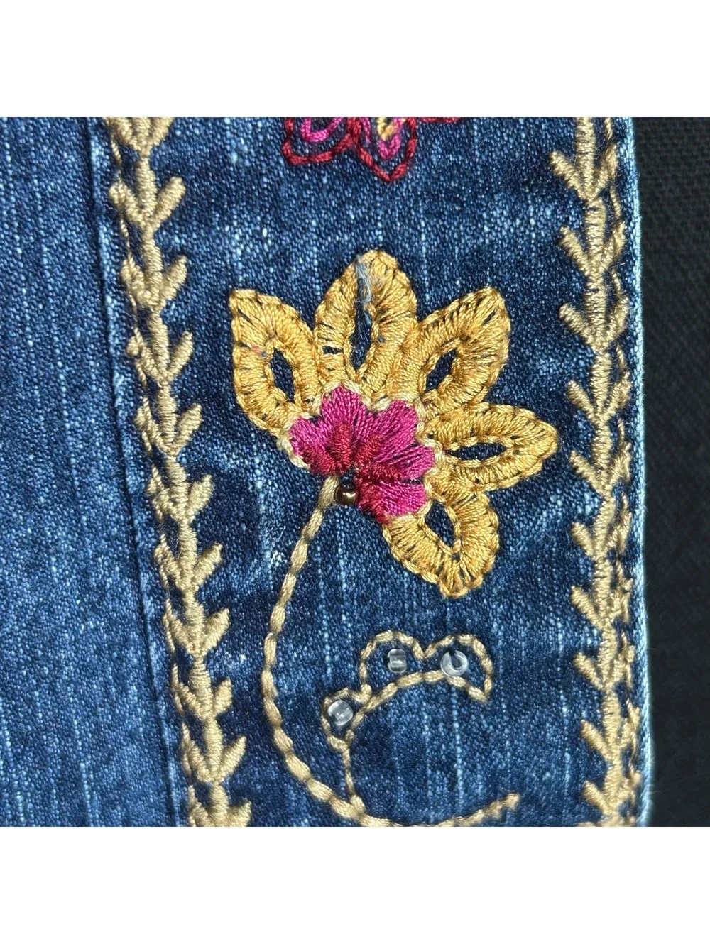 Alfred Dunner Boho Chic Blue Denim Floral Embroidered Open Front Jacket Size 14P